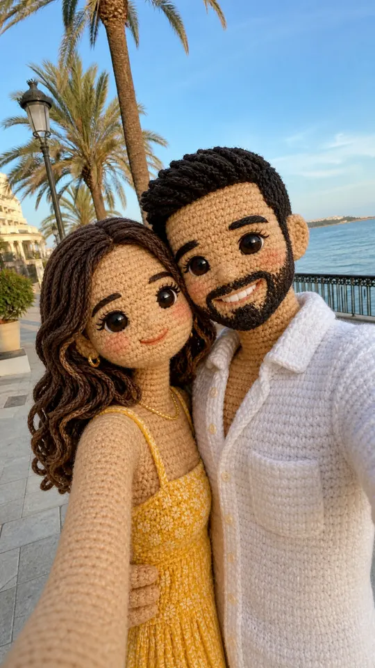 Couple Crochet filter AI: Crochet filter AI on a couple selfie: her waves and his beard, in yarn