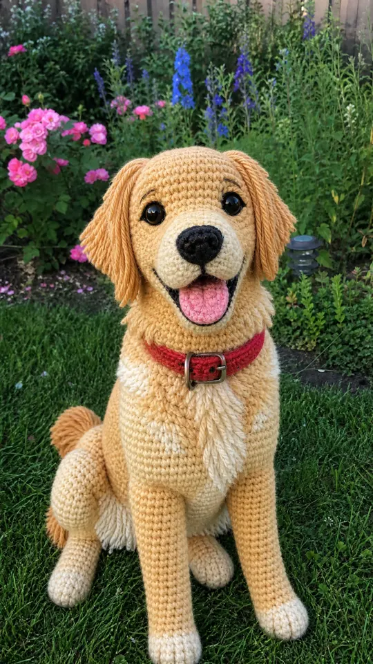 Pet Crochet filter AI: Crochet filter AI on a dog: same coat, same collar, amigurumi style