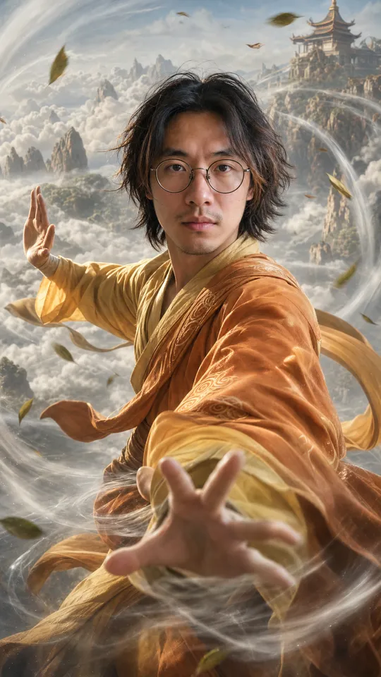 Air Avatar Seven Havens AI: Avatar Seven Havens airbender: a spin in white wind above the clouds