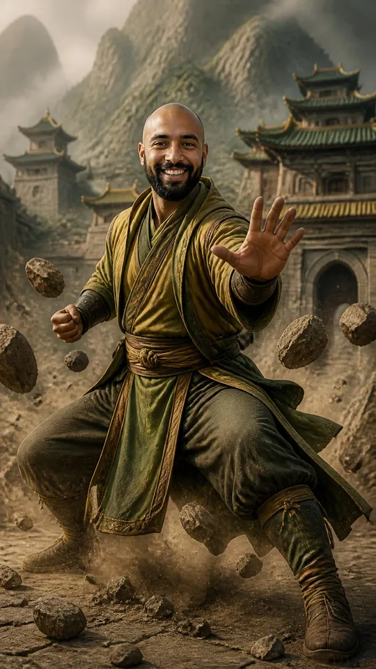 Earth Avatar Seven Havens AI: Avatar Seven Havens earthbender: a rooted stance and rocks breaking loose