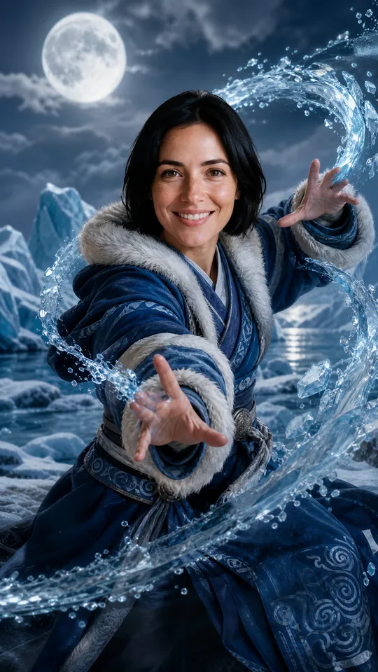 Water Avatar Seven Havens AI: Avatar Seven Havens waterbender: ice, moonlight and a fur-trimmed parka